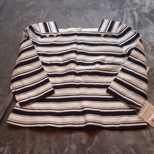 Vintage Positive Attitude Petite Top Blouse Shirt White Black Stripe Button Back